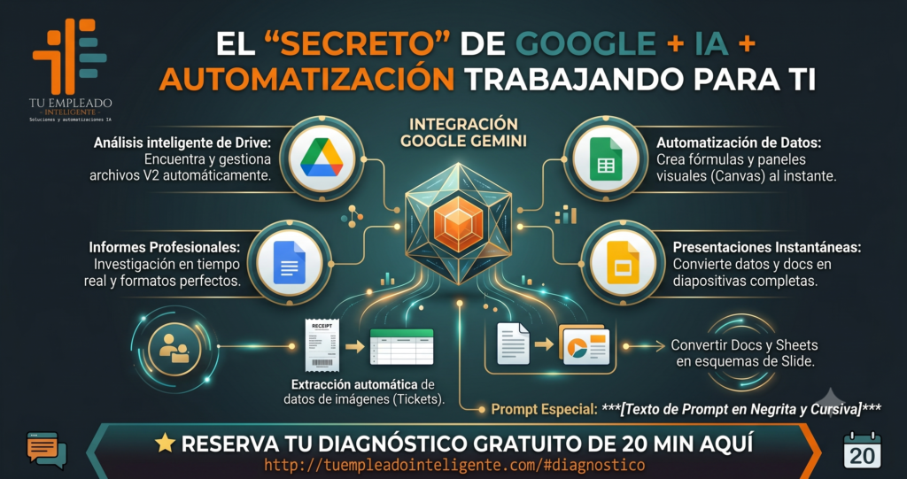 Infografía de Tu Empleado Inteligente que muestra la integración de Google Workspace con IA y Automatización a través de Google Gemini. Diagrama profesional con fondo oscuro, detalles en naranja y teal, que conecta las herramientas de Drive, Docs, Sheets y Slides para la extracción automática de tickets, creación de informes y diseño de presentaciones. Incluye llamada a la acción para el Diagnóstico ROI Gratuito.